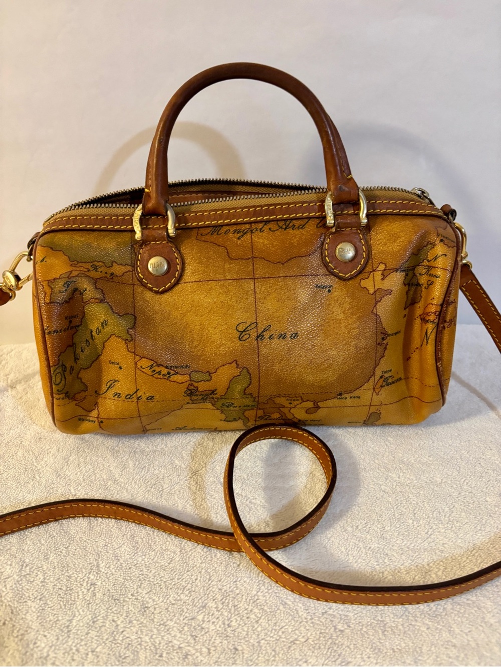 Alverio Martini 1A CLASSE Vintage Map-Print Leather Satchel in Tan